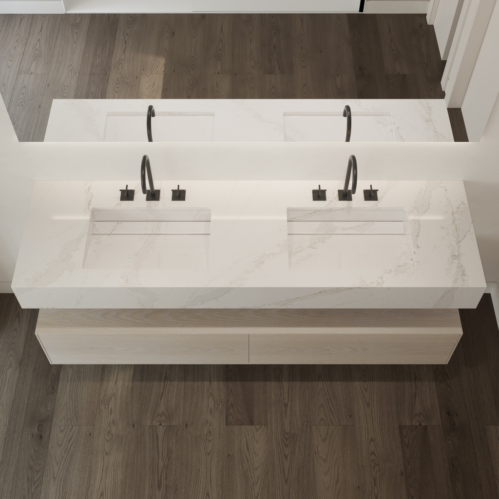 Simplicity Silestone Double Wall-Hung Washbasin Et Calacatta Gold Top View