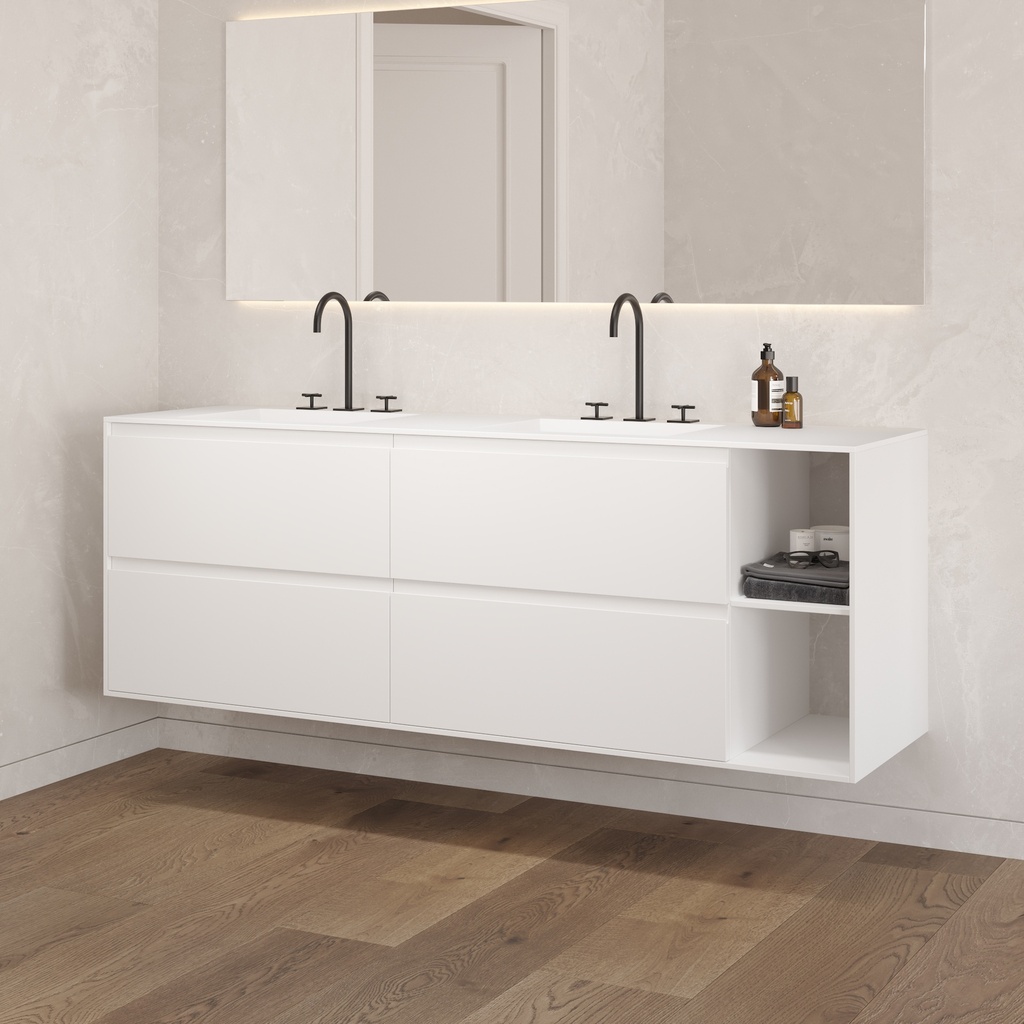 Apollo Classic Edge Vanity Unit with Corian Basin 4 Drawers 2 Shelves Luxe Size White Std handle Side